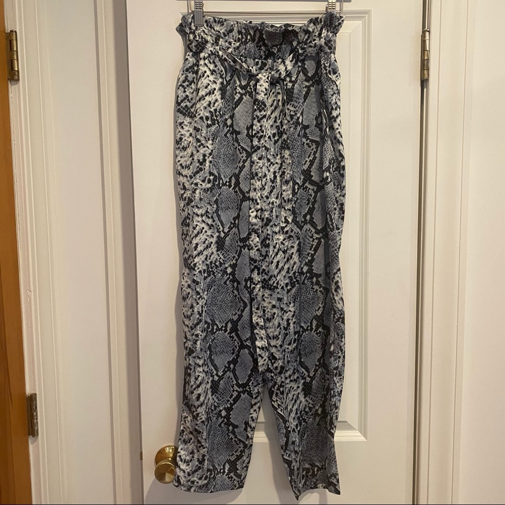 High-Waist Navy Blue Snakeskin Pants with Tie